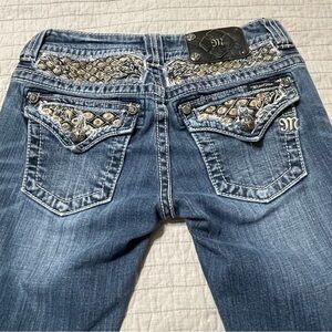 MISS ME Womens Bootcut Embellished Denim Jeans Flap Pockets Sequin Crystal Sz 27